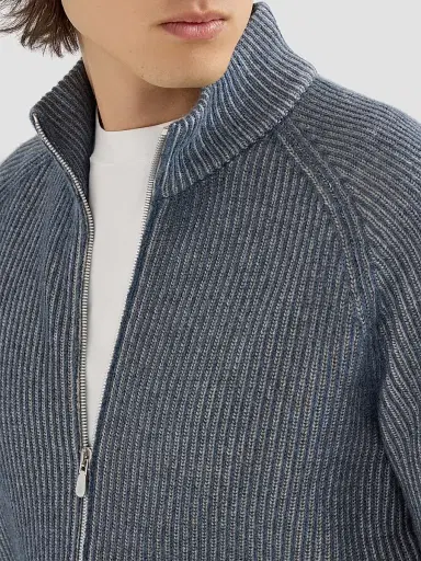Brunello Cucinelli Men's Cashmere Vanisé English Rib High-Neck Cardigan with Zipper - Cerulean - Size 50 | Thumbnail 5 Brunello Cucinelli Men's Cashmere Vanisé English Rib High-Neck Cardigan with Zipper - Cerulean - Size 50 | Thumbnail 5