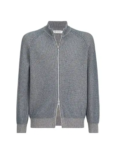 Brunello Cucinelli Men's Cashmere Vanisé English Rib High-Neck Cardigan with Zipper - Cerulean - Size 50 | Thumbnail 1 Brunello Cucinelli Men's Cashmere Vanisé English Rib High-Neck Cardigan with Zipper - Cerulean - Size 50 | Thumbnail 1