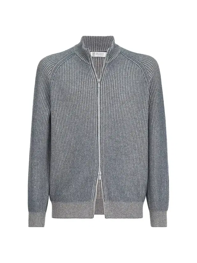 Brunello Cucinelli Men's Cashmere Vanisé English Rib High-Neck Cardigan with Zipper - Cerulean