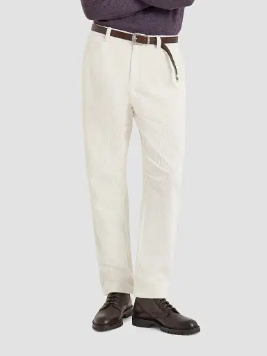 Brunello Cucinelli Men's Garment-Dyed Trousers in Cotton Corduroy - White | Thumbnail 4