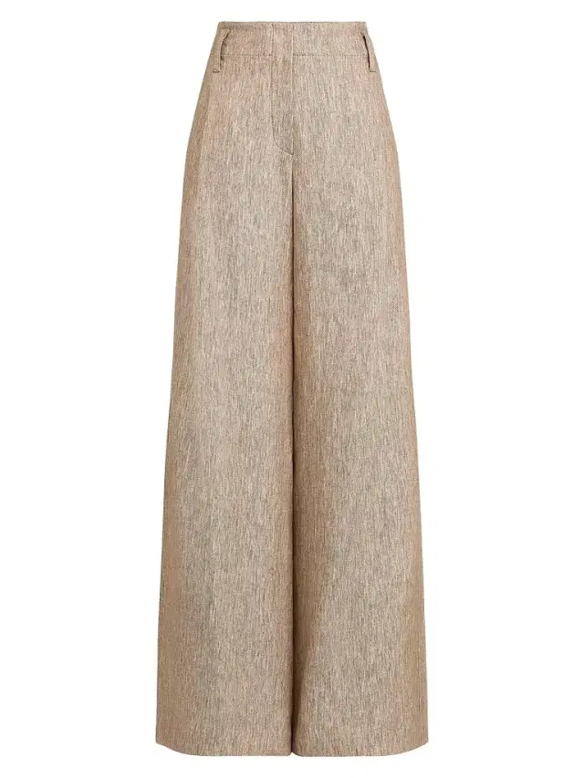 Brunello Cucinelli Women's Linen Denim Pleated A-line Trousers with Monili - Beige