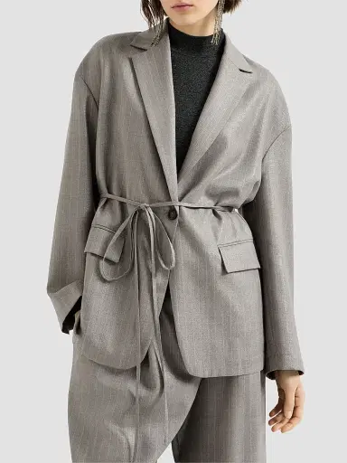 Brunello Cucinelli Women's Sparkling Virgin Wool Pinstripe Blazer with Monili - Silver - Size 12 | Thumbnail 2 Brunello Cucinelli Women's Sparkling Virgin Wool Pinstripe Blazer with Monili - Silver - Size 12 | Thumbnail 2