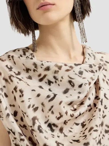 Brunello Cucinelli Women's Lynx Print Silk Pongee Draped Dress With Monili | Thumbnail 4