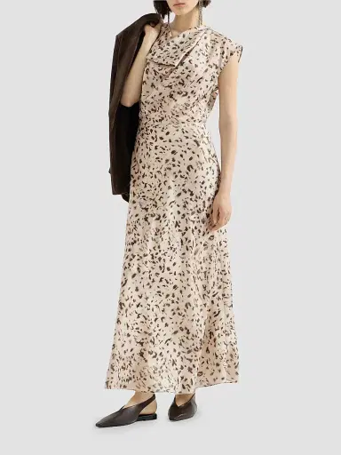 Brunello Cucinelli Women's Lynx Print Silk Pongee Draped Dress With Monili | Thumbnail 6