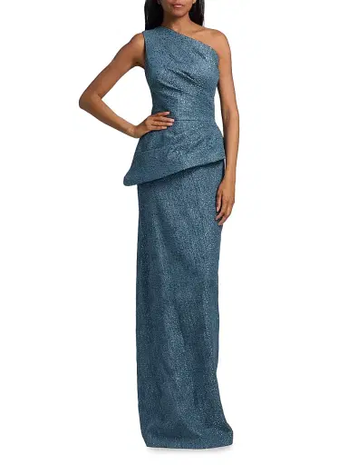 Teri Jon by Rickie Freeman Women's Metallic Jacquard One-Shoulder Peplum Gown | Thumbnail 2 Teri Jon by Rickie Freeman Women's Metallic Jacquard One-Shoulder Peplum Gown | Thumbnail 2