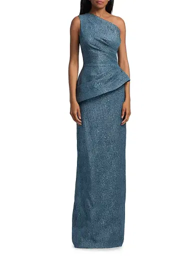 Teri Jon by Rickie Freeman Women's Metallic Jacquard One-Shoulder Peplum Gown | Thumbnail 3 Teri Jon by Rickie Freeman Women's Metallic Jacquard One-Shoulder Peplum Gown | Thumbnail 3