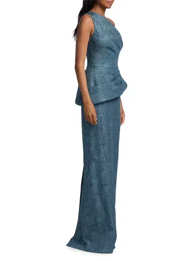 Teri Jon by Rickie Freeman Women's Metallic Jacquard One-Shoulder Peplum Gown | Thumbnail 4 Teri Jon by Rickie Freeman Women's Metallic Jacquard One-Shoulder Peplum Gown | Thumbnail 4