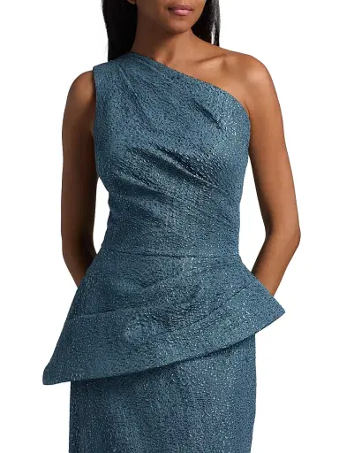 Teri Jon by Rickie Freeman Women's Metallic Jacquard One-Shoulder Peplum Gown | Thumbnail 6 Teri Jon by Rickie Freeman Women's Metallic Jacquard One-Shoulder Peplum Gown | Thumbnail 6
