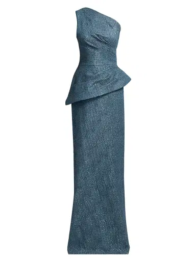 Teri Jon by Rickie Freeman Women's Metallic Jacquard One-Shoulder Peplum Gown | Thumbnail 1 Teri Jon by Rickie Freeman Women's Metallic Jacquard One-Shoulder Peplum Gown | Thumbnail 1