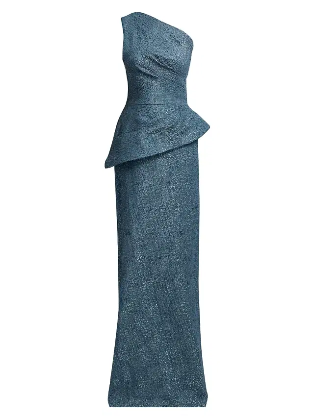Teri Jon by Rickie Freeman Women's Metallic Jacquard One-Shoulder Peplum Gown - Steel Blue