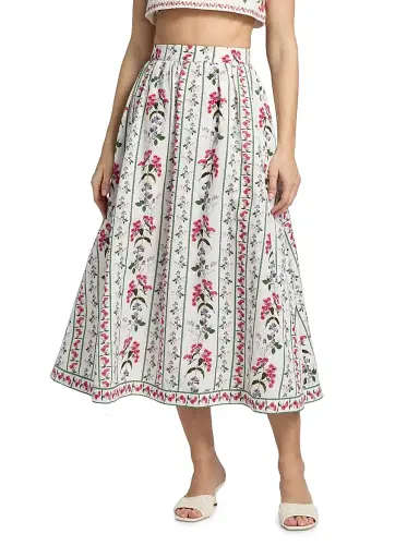 Hemant & Nandita Women's Floral Linen-Cotton Midi-Skirt - Ivory - Size Small | Thumbnail 3