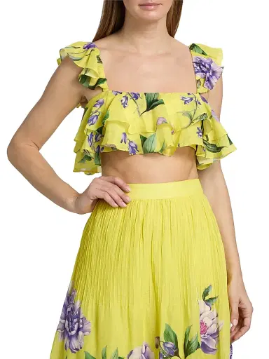 Hemant & Nandita Women's Ruffled Floral Linen-Blend Top - Yellow - Size Small | Thumbnail 3
