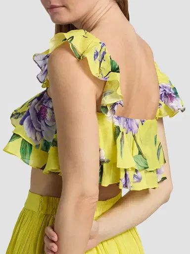 Hemant & Nandita Women's Ruffled Floral Linen-Blend Top - Yellow - Size Small | Thumbnail 6