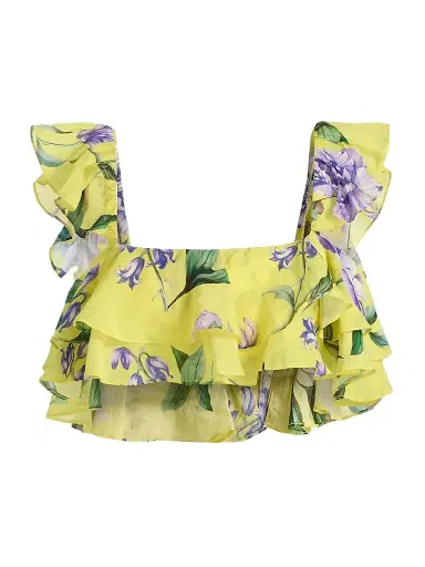 Hemant & Nandita Women's Ruffled Floral Linen-Blend Top - Yellow - Size Small | Thumbnail 1