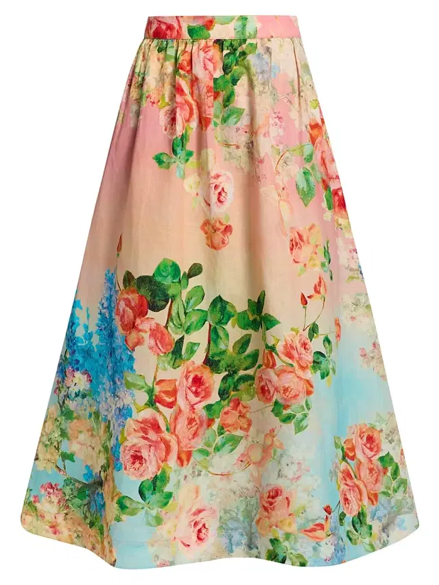 Women's Floral Ombré Cotton-Linen Midi-Skirt