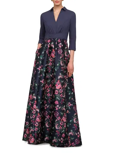 Kay Unger Women's Marceline Floral-Jacquard Shirtwaist Gown - Ink Blue Multi - Size 18 | Thumbnail 2 Kay Unger Women's Marceline Floral-Jacquard Shirtwaist Gown - Ink Blue Multi - Size 18 | Thumbnail 2