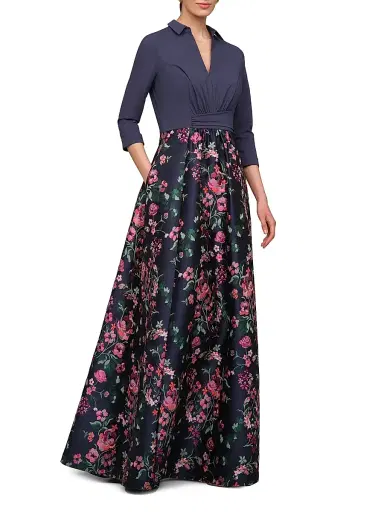 Kay Unger Women's Marceline Floral-Jacquard Shirtwaist Gown - Ink Blue Multi - Size 18 | Thumbnail 3 Kay Unger Women's Marceline Floral-Jacquard Shirtwaist Gown - Ink Blue Multi - Size 18 | Thumbnail 3