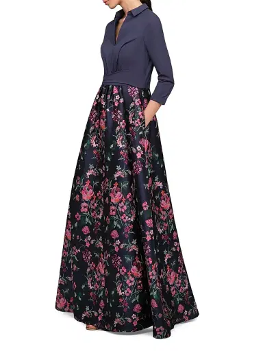 Kay Unger Women's Marceline Floral-Jacquard Shirtwaist Gown - Ink Blue Multi - Size 18 | Thumbnail 4 Kay Unger Women's Marceline Floral-Jacquard Shirtwaist Gown - Ink Blue Multi - Size 18 | Thumbnail 4