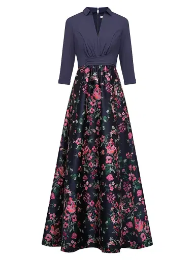 Kay Unger Women's Marceline Floral-Jacquard Shirtwaist Gown - Ink Blue Multi - Size 18 | Thumbnail 1 Kay Unger Women's Marceline Floral-Jacquard Shirtwaist Gown - Ink Blue Multi - Size 18 | Thumbnail 1
