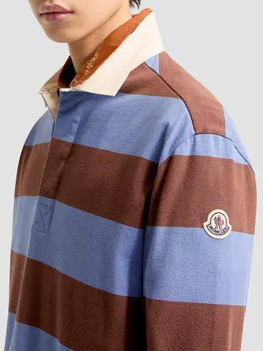 Moncler Men's Polo Shirt in Striped Cotton - Light Blue Brown - Size XXL | Thumbnail 4