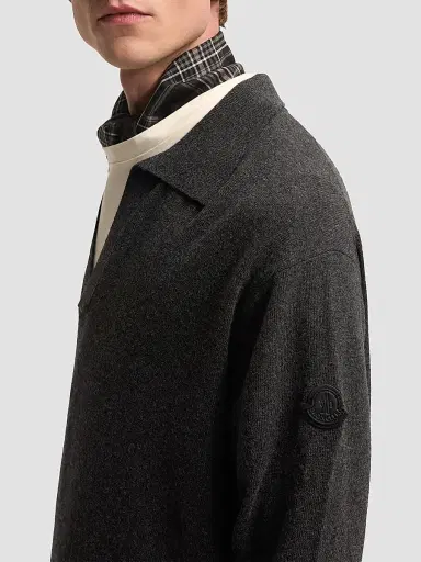 Moncler Men's Long Sleeve Polo Shirt in Wool and Cashmere - Black - Size XXL | Thumbnail 4