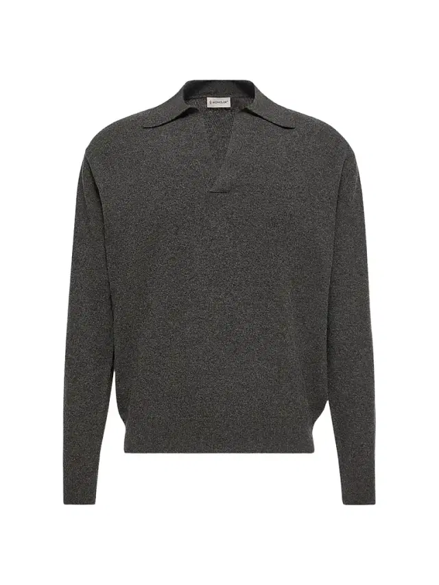 Moncler Men's Long Sleeve Polo Shirt in Wool and Cashmere - Black