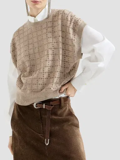 Brunello Cucinelli Women's Cashmere Knit T-Shirt with Dazzling Windowpane Embroidery - Beige | Thumbnail 2
