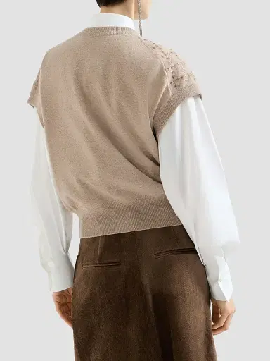 Brunello Cucinelli Women's Cashmere Knit T-Shirt with Dazzling Windowpane Embroidery - Beige | Thumbnail 3