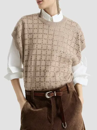 Brunello Cucinelli Women's Cashmere Knit T-Shirt with Dazzling Windowpane Embroidery - Beige | Thumbnail 4