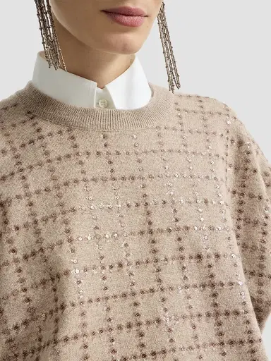 Brunello Cucinelli Women's Cashmere Knit T-Shirt with Dazzling Windowpane Embroidery - Beige | Thumbnail 5