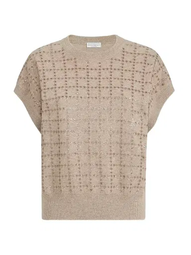 Brunello Cucinelli Women's Cashmere Knit T-Shirt with Dazzling Windowpane Embroidery - Beige | Thumbnail 1
