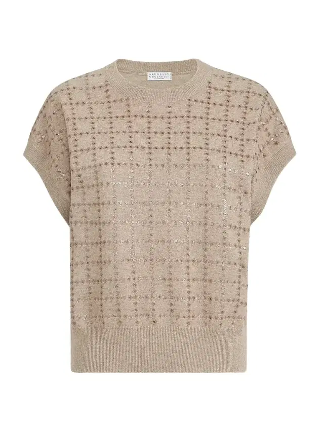 Brunello Cucinelli Women's Cashmere Knit T-Shirt with Dazzling Windowpane Embroidery - Beige