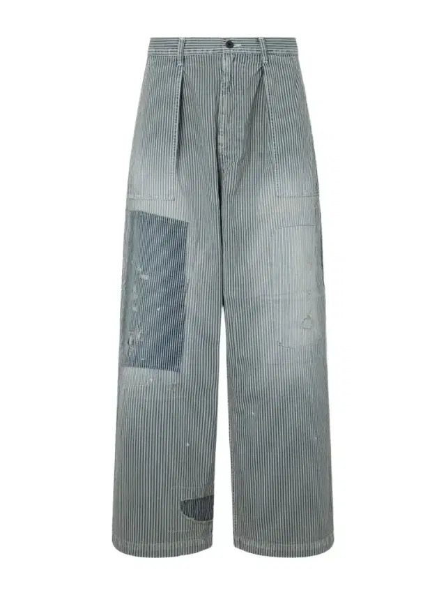 KAPITAL Liberty Hicoree Fatigue Wide-Leg Striped Distressed Patchwork Cotton-Twill Trousers - Men