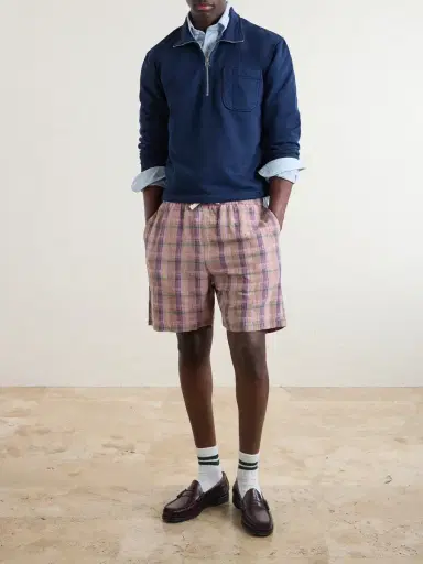 Drake's Straight-Leg Checked Linen And Cotton-Blend Drawstring Shorts - Men | Thumbnail 2