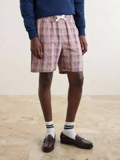 Drake's Straight-Leg Checked Linen And Cotton-Blend Drawstring Shorts - Men | Thumbnail 3