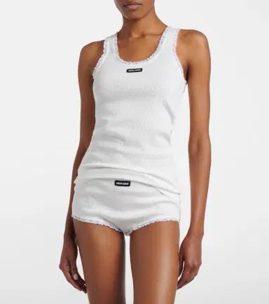 Miu Miu Lace-trimmed pointelle cotton tank top | Thumbnail 2