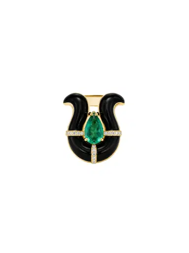 Wish Fine Jewelry 15ct Diamond Emerald Onyx 18K Gold Spear Ring | Thumbnail 1