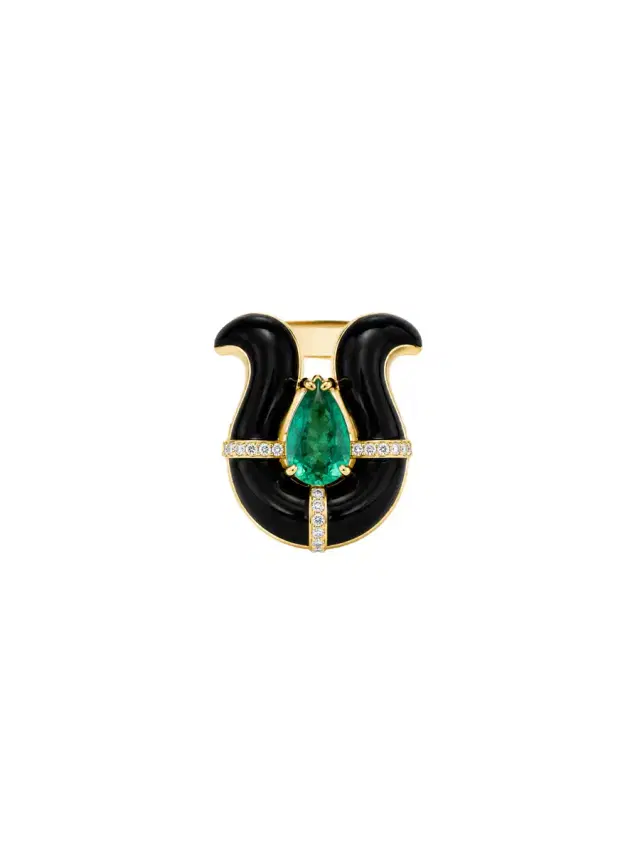 Wish Fine Jewelry 15ct Diamond Emerald Onyx 18K Gold Spear Ring