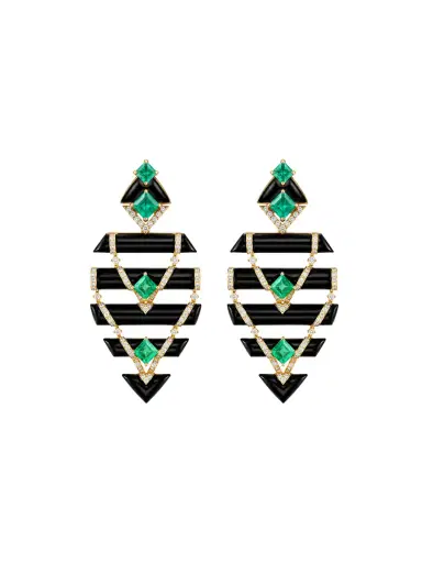 Wish Fine Jewelry 39.36ct Diamond Emerald Onyx 18K Gold Statement Drop Earrings | Thumbnail 1 Wish Fine Jewelry 39.36ct Diamond Emerald Onyx 18K Gold Statement Drop Earrings | Thumbnail 1