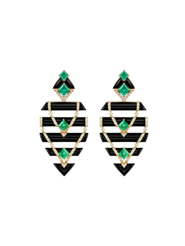 Wish Fine Jewelry 39.36ct Diamond Emerald Onyx 18K Gold Statement Drop Earrings