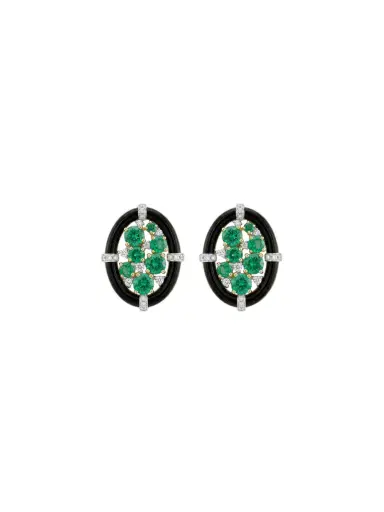 Wish Fine Jewelry 5.84ct Emerald Diamond Onyx 18K Gold Cluster Earrings | Thumbnail 1 Wish Fine Jewelry 5.84ct Emerald Diamond Onyx 18K Gold Cluster Earrings | Thumbnail 1