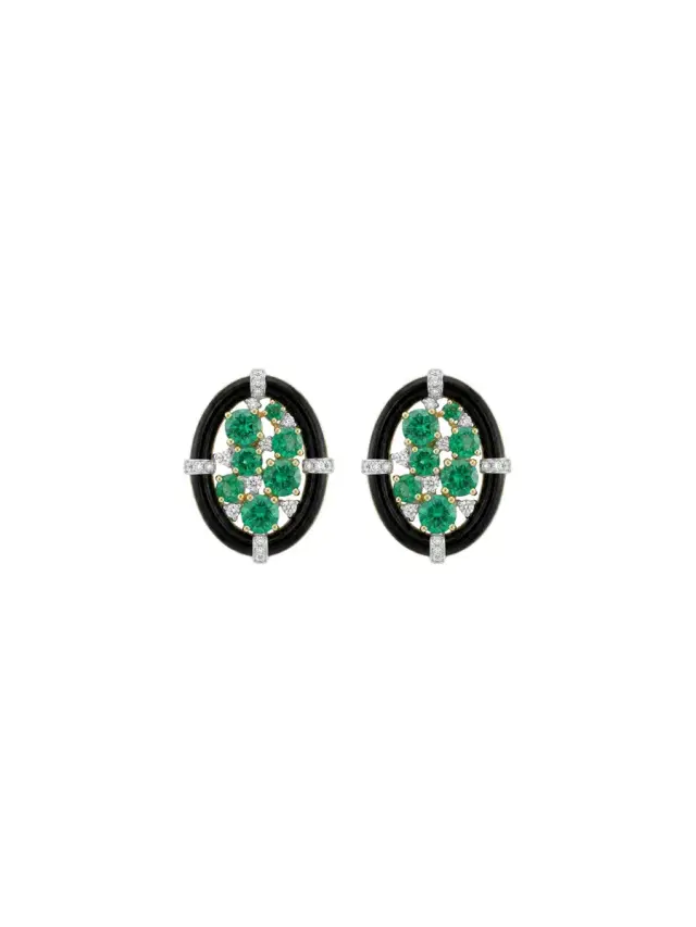 Wish Fine Jewelry 5.84ct Emerald Diamond Onyx 18K Gold Cluster Earrings