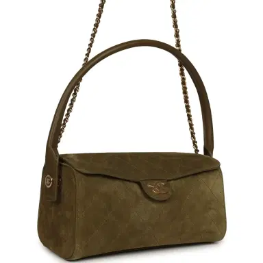Chanel Chanel Barrel Clutch Bag with Chain Dark Khaki Suede and Calfskin Gold Hardware | Thumbnail 2