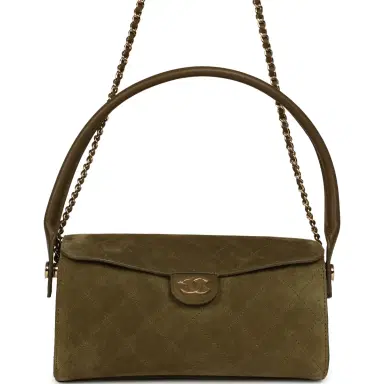 Chanel Chanel Barrel Clutch Bag with Chain Dark Khaki Suede and Calfskin Gold Hardware | Thumbnail 1