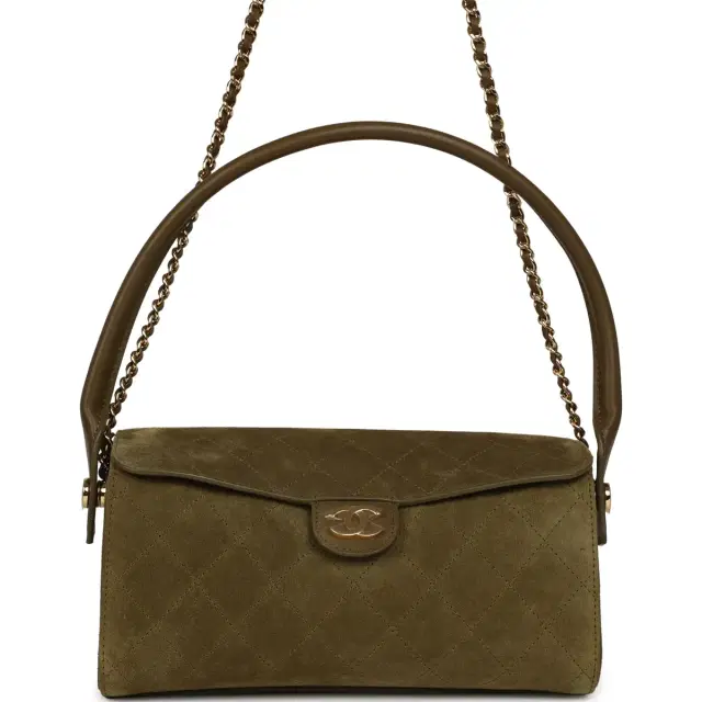 Chanel Chanel Barrel Clutch Bag with Chain Dark Khaki Suede and Calfskin Gold Hardware