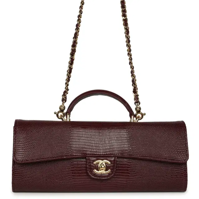 Chanel Chanel Long Top Handle Clutch with Chain Dark Burgundy Lizard Embossed Calfskin Gold Hardware