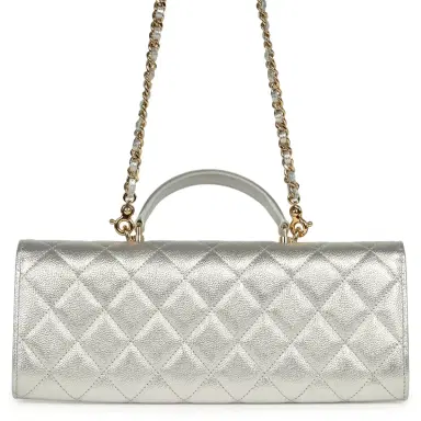 Chanel Chanel Long Top Handle Clutch with Chain Metallic Silver Caviar Gold Hardware | Thumbnail 5