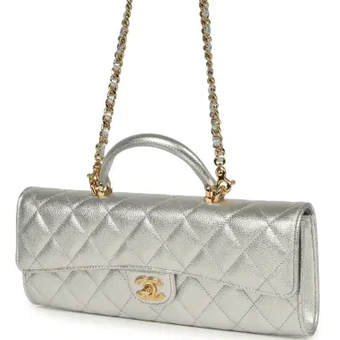 Chanel Chanel Long Top Handle Clutch with Chain Metallic Silver Caviar Gold Hardware | Thumbnail 6