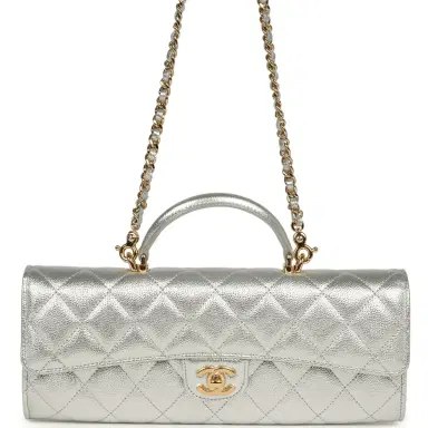 Chanel Chanel Long Top Handle Clutch with Chain Metallic Silver Caviar Gold Hardware | Thumbnail 1