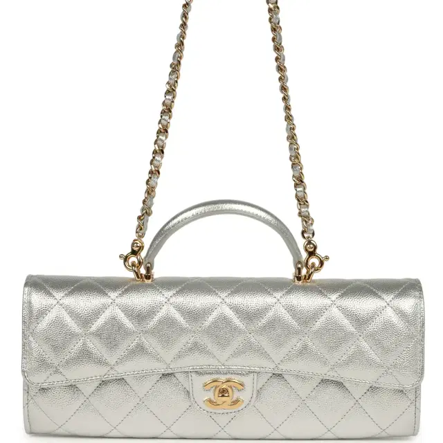 Chanel Chanel Long Top Handle Clutch with Chain Metallic Silver Caviar Gold Hardware